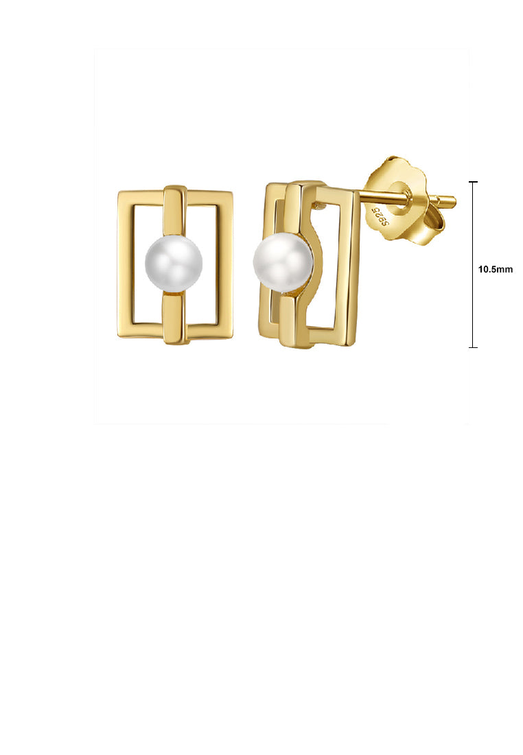 925 Sterling Silver Plated Gold Simple Fashion Hollow Geometric Stud Earrings with Freshwater Pearls