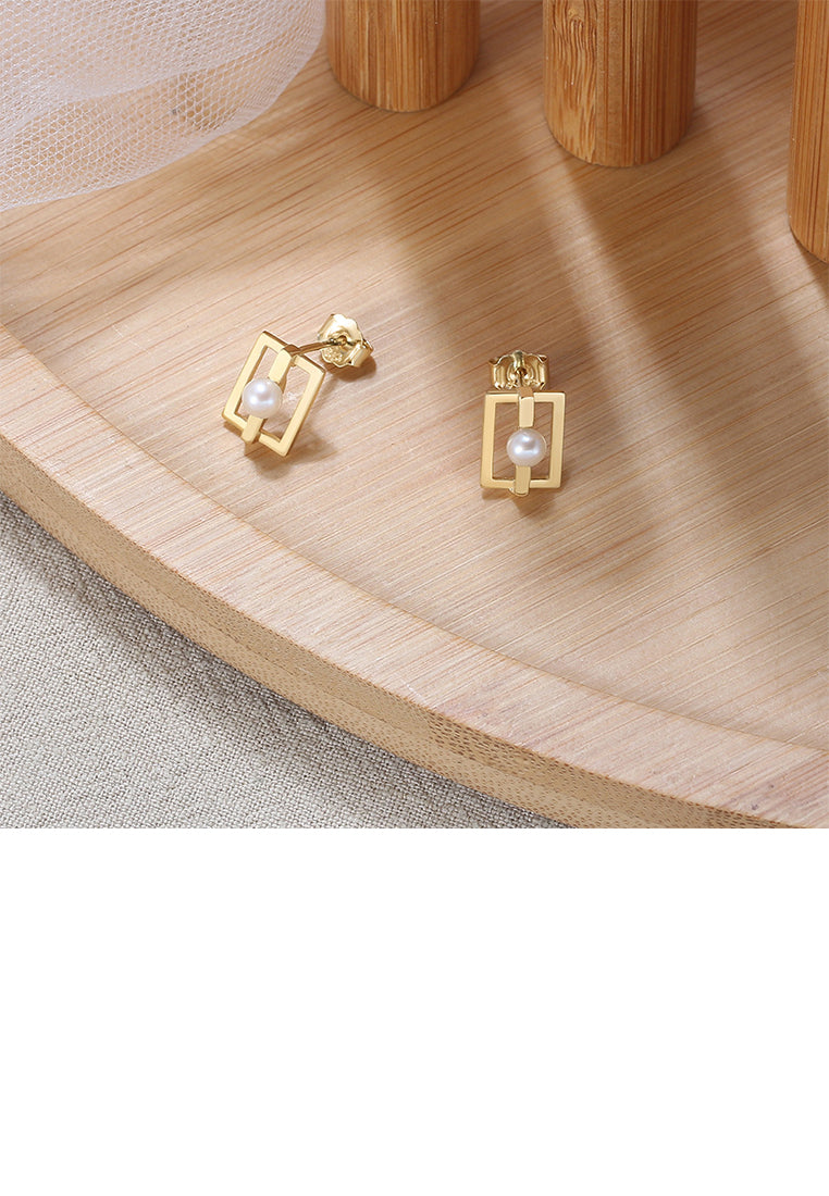 925 Sterling Silver Plated Gold Simple Fashion Hollow Geometric Stud Earrings with Freshwater Pearls