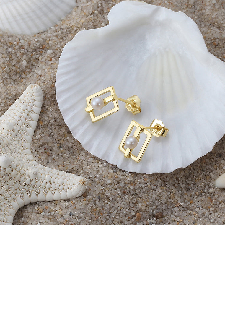925 Sterling Silver Plated Gold Simple Fashion Hollow Geometric Stud Earrings with Freshwater Pearls