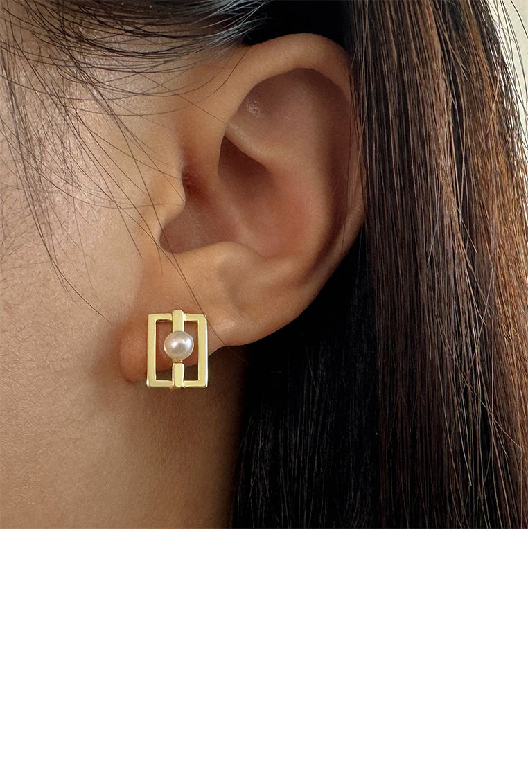 925 Sterling Silver Plated Gold Simple Fashion Hollow Geometric Stud Earrings with Freshwater Pearls
