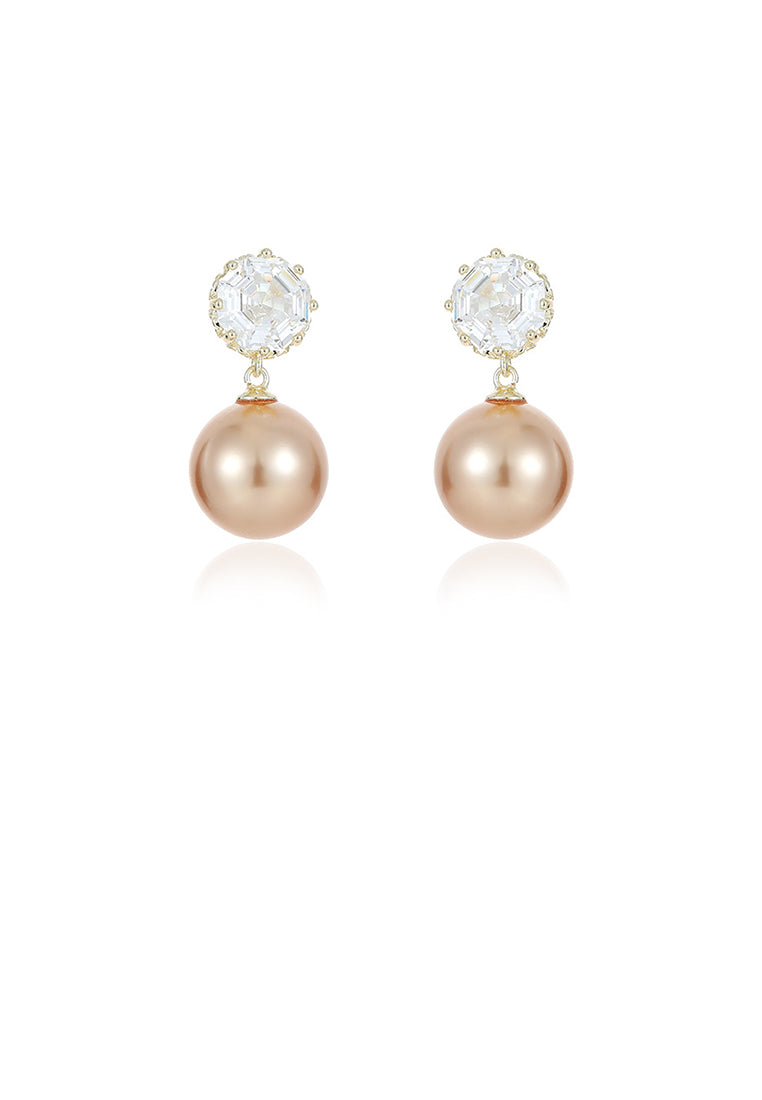 Elegant Temperament Plated Gold Geometric Round Imitation Pearl Stud Earrings with Cubic Zirconia - Luxurious Look