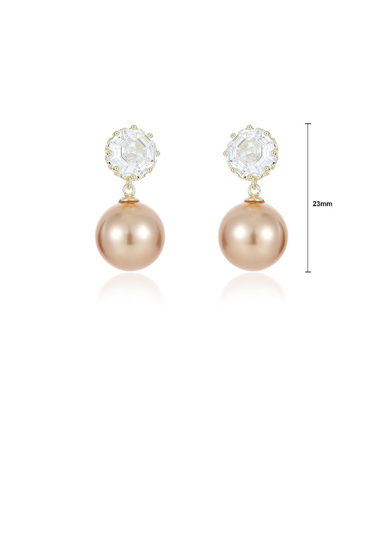 Elegant Temperament Plated Gold Geometric Round Imitation Pearl Stud Earrings with Cubic Zirconia - Luxurious Look