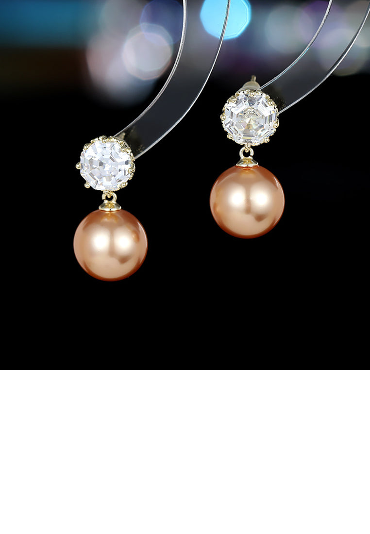 Elegant Temperament Plated Gold Geometric Round Imitation Pearl Stud Earrings with Cubic Zirconia - Luxurious Look