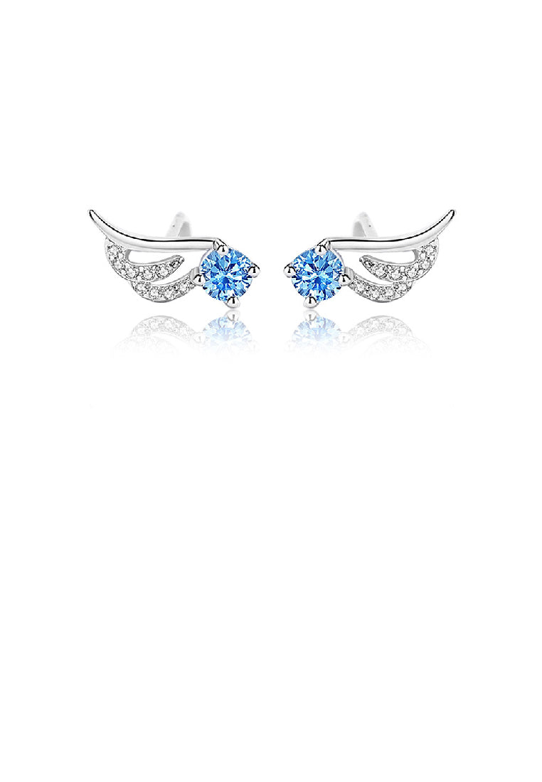 925 Sterling Silver Simple and Cute Angel Wing Stud Earrings with Blue Cubic Zirconia - Luxurious Look