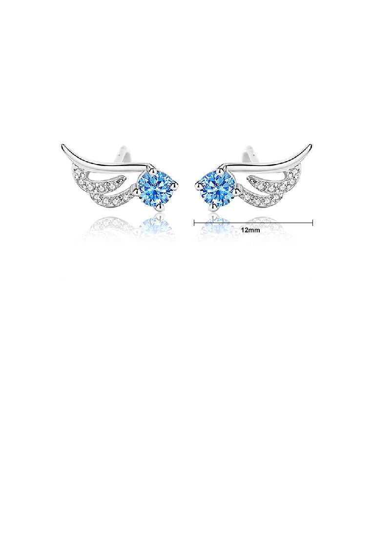925 Sterling Silver Simple and Cute Angel Wing Stud Earrings with Blue Cubic Zirconia - Luxurious Look