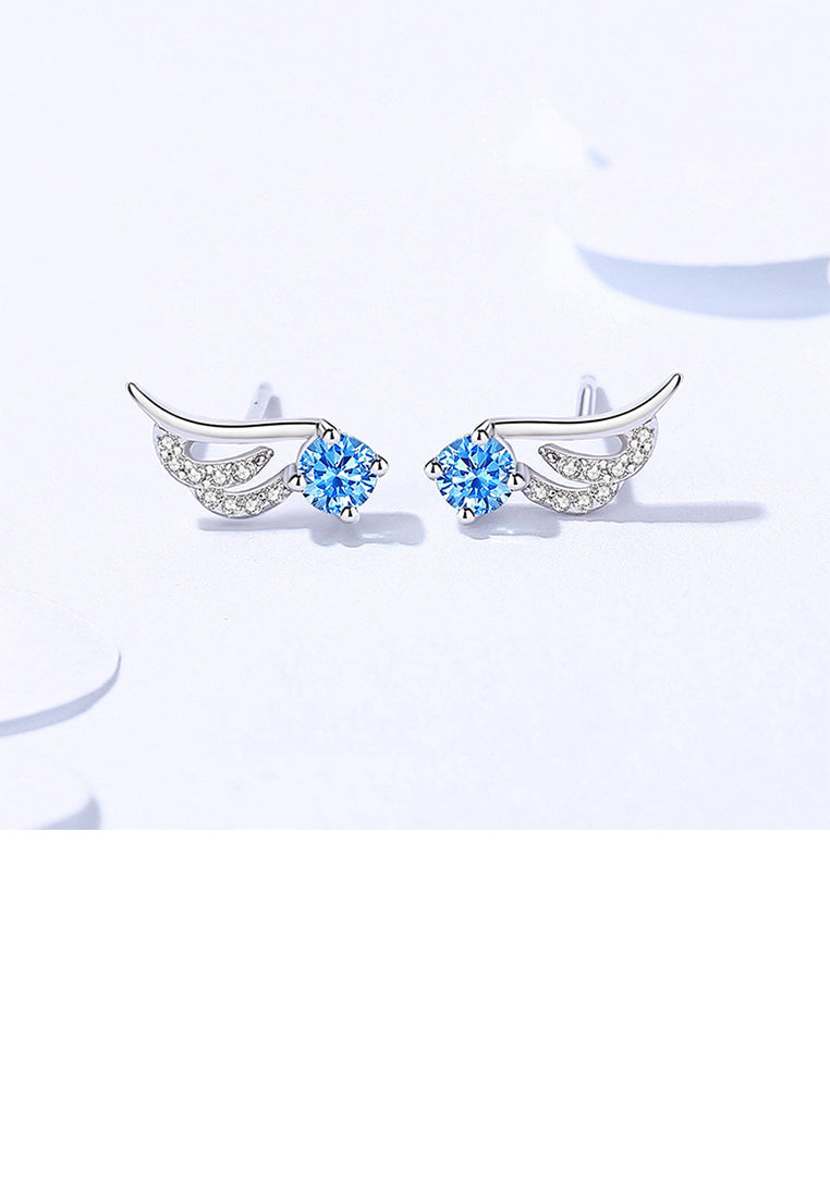 925 Sterling Silver Simple and Cute Angel Wing Stud Earrings with Blue Cubic Zirconia - Luxurious Look