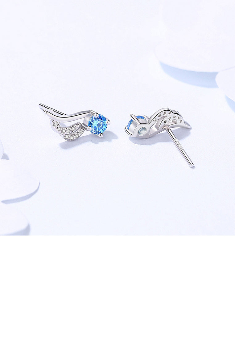 925 Sterling Silver Simple and Cute Angel Wing Stud Earrings with Blue Cubic Zirconia - Luxurious Look