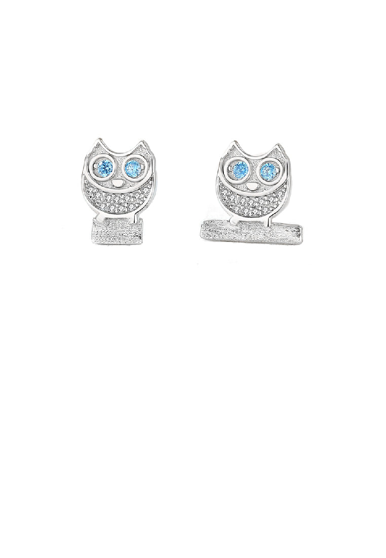 925 Sterling Silver Fashion Cute Owl Stud Earrings with Blue Cubic Zirconia - Luxurious Look