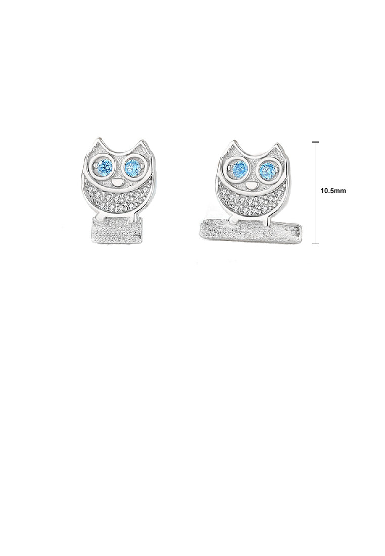 925 Sterling Silver Fashion Cute Owl Stud Earrings with Blue Cubic Zirconia - Luxurious Look