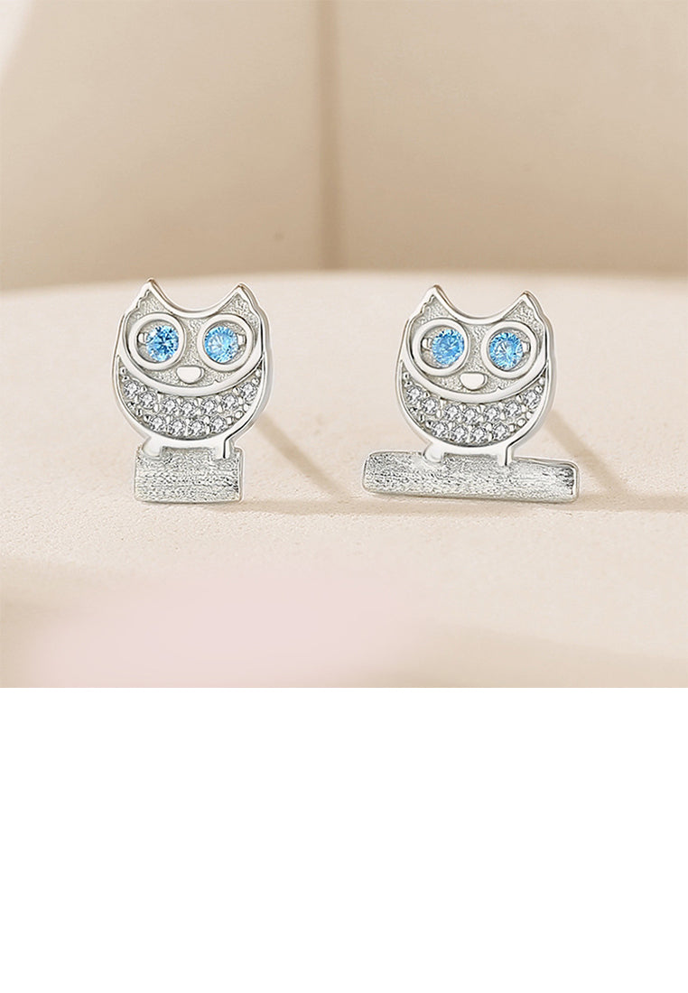 925 Sterling Silver Fashion Cute Owl Stud Earrings with Blue Cubic Zirconia - Luxurious Look