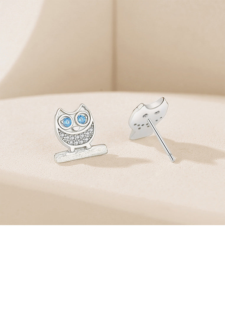 925 Sterling Silver Fashion Cute Owl Stud Earrings with Blue Cubic Zirconia - Luxurious Look
