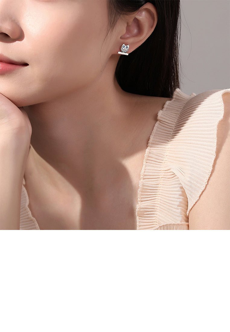 925 Sterling Silver Fashion Cute Owl Stud Earrings with Blue Cubic Zirconia - Luxurious Look