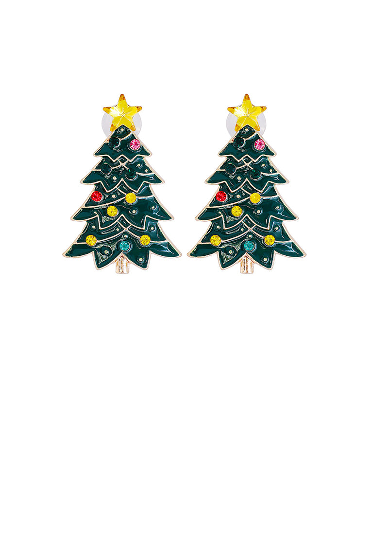 Fashion Simple Plated Gold Enamel Christmas Tree Stud Earrings with Cubic Zirconia - Luxurious Look