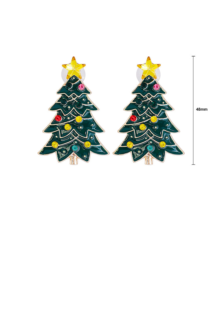 Fashion Simple Plated Gold Enamel Christmas Tree Stud Earrings with Cubic Zirconia - Luxurious Look