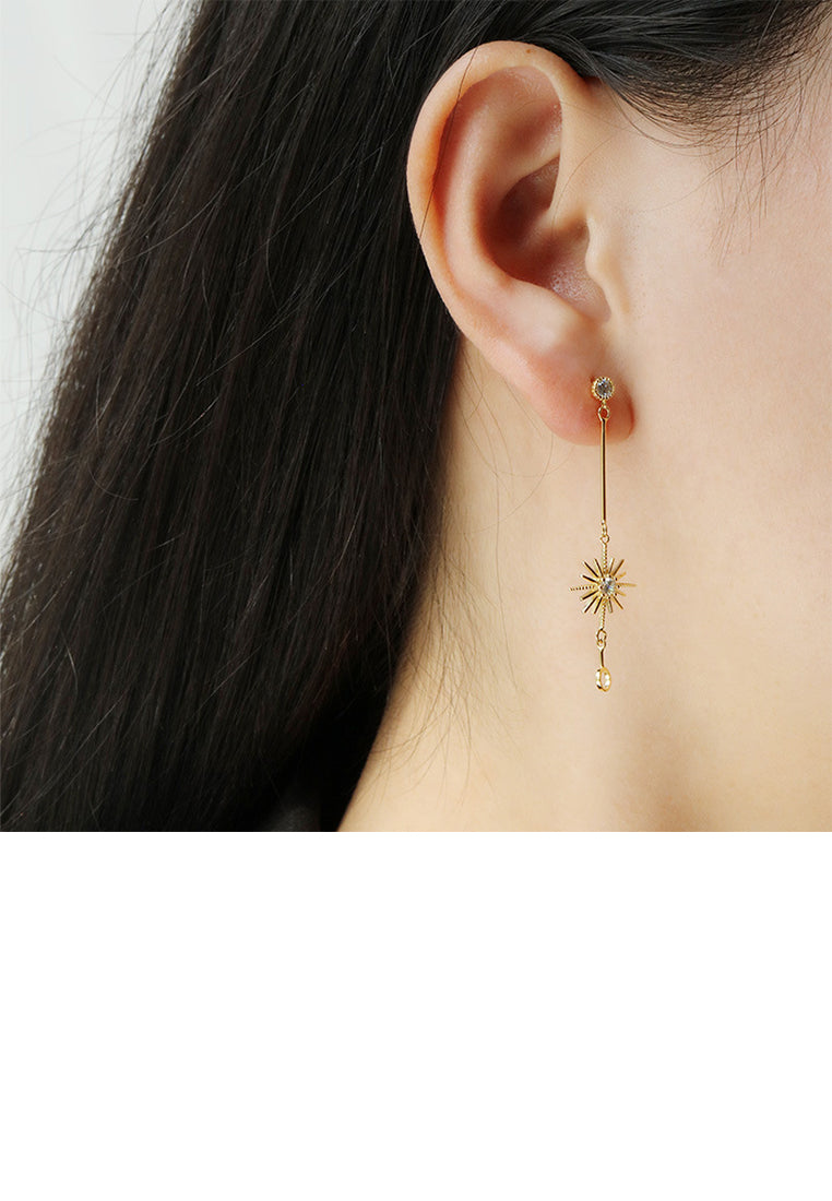 925 Sterling Silver Plated Gold Fashion Temperament Star Tassel Asymmetrical Earrings with Cubic Zirconia - Luxurious Look