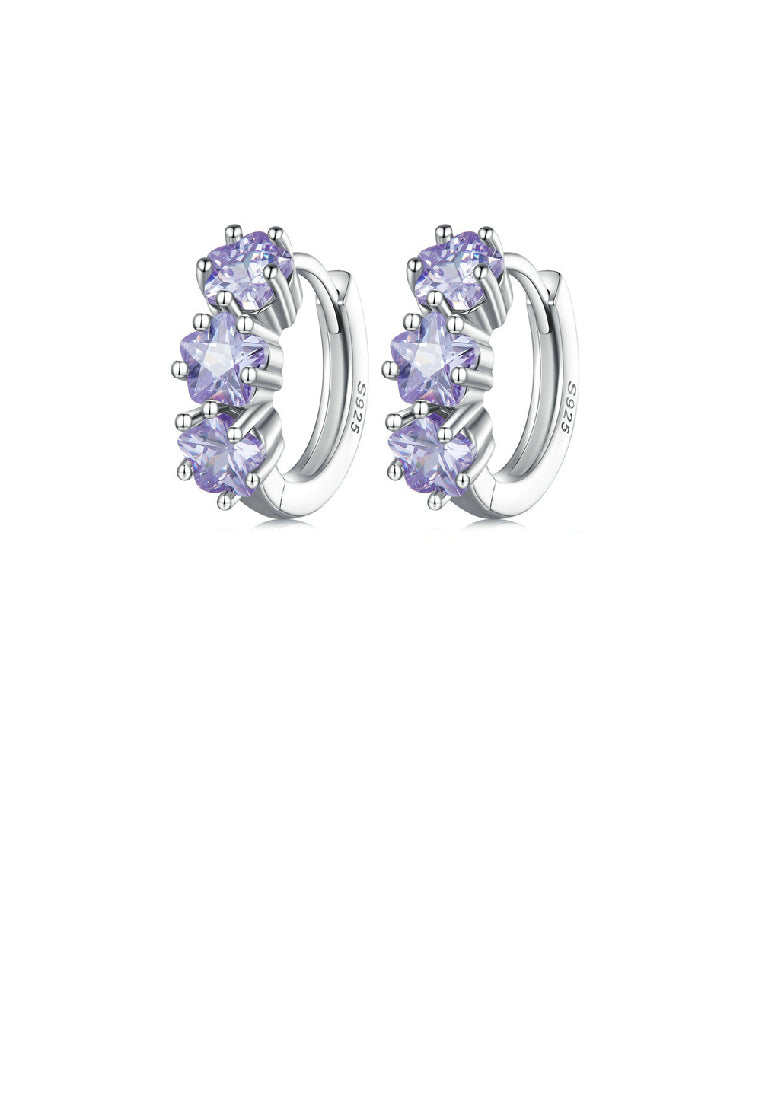 925 Sterling Silver Simple Temperament Purple Flower Geometric Stud Earrings with Cubic Zirconia - Luxurious Look