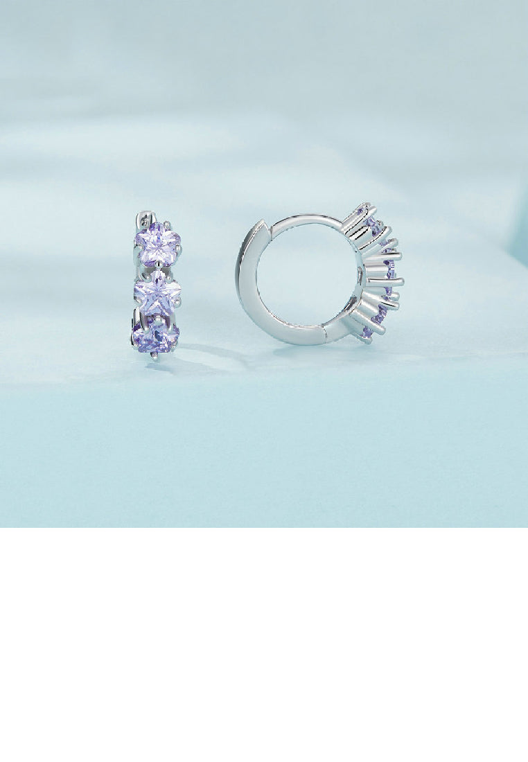 925 Sterling Silver Simple Temperament Purple Flower Geometric Stud Earrings with Cubic Zirconia - Luxurious Look