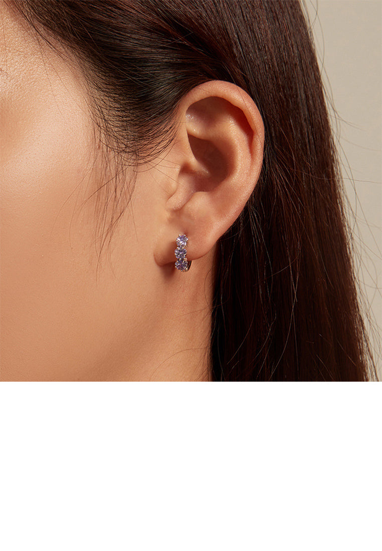 925 Sterling Silver Simple Temperament Purple Flower Geometric Stud Earrings with Cubic Zirconia - Luxurious Look