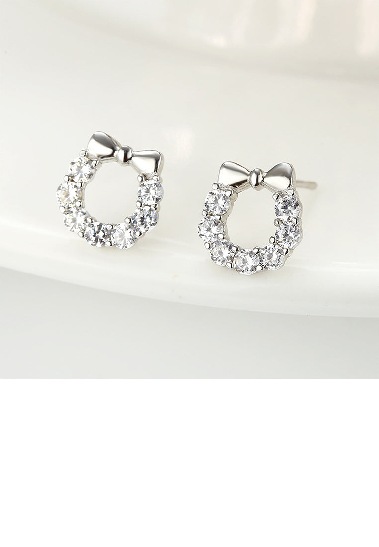925 Sterling Silver Simple Sweet Ribbon Wreath Stud Earrings with Cubic Zirconia - Luxurious Look