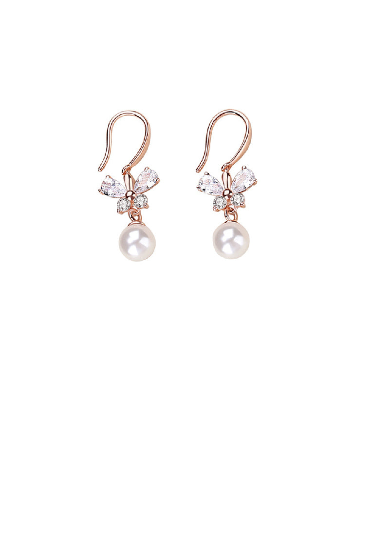 925 Sterling Silver Plated Rose Gold Fashion Elegant Butterfly Imitation Pearl Earrings with Cubic Zirconia - Luxurious Look