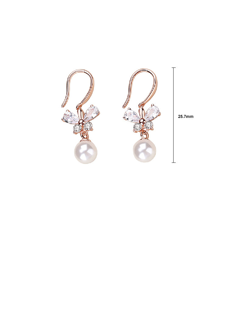 925 Sterling Silver Plated Rose Gold Fashion Elegant Butterfly Imitation Pearl Earrings with Cubic Zirconia - Luxurious Look