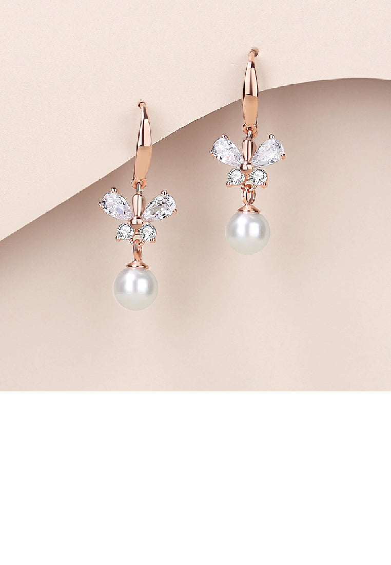 925 Sterling Silver Plated Rose Gold Fashion Elegant Butterfly Imitation Pearl Earrings with Cubic Zirconia - Luxurious Look