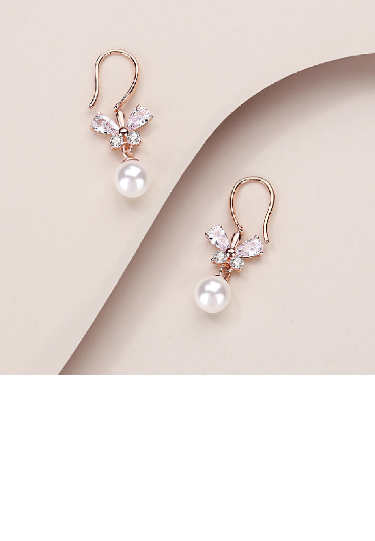 925 Sterling Silver Plated Rose Gold Fashion Elegant Butterfly Imitation Pearl Earrings with Cubic Zirconia - Luxurious Look