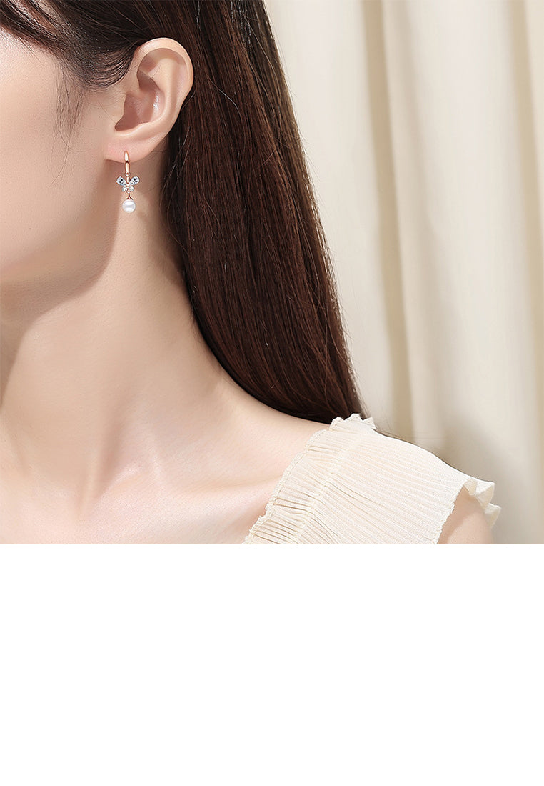925 Sterling Silver Plated Rose Gold Fashion Elegant Butterfly Imitation Pearl Earrings with Cubic Zirconia - Luxurious Look