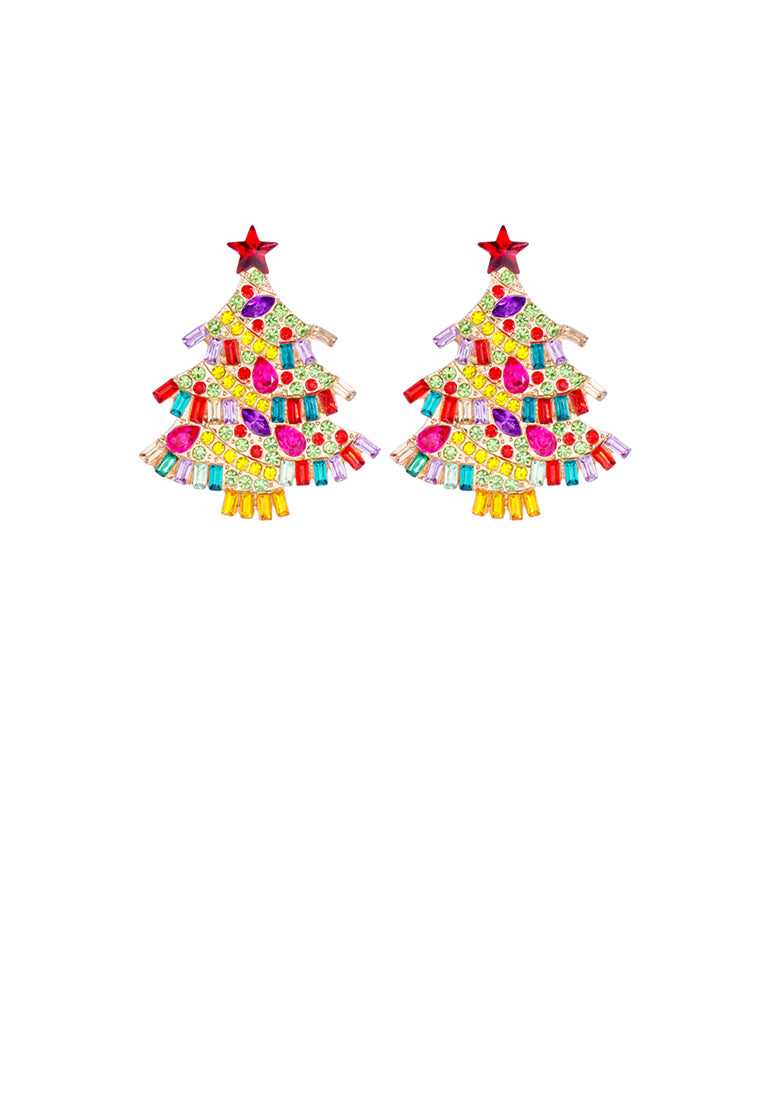 Fashion Brilliant Plated Gold Christmas Tree Stud Earrings with Colored Cubic Zirconia - Luxurious Look