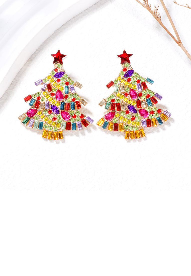 Fashion Brilliant Plated Gold Christmas Tree Stud Earrings with Colored Cubic Zirconia - Luxurious Look