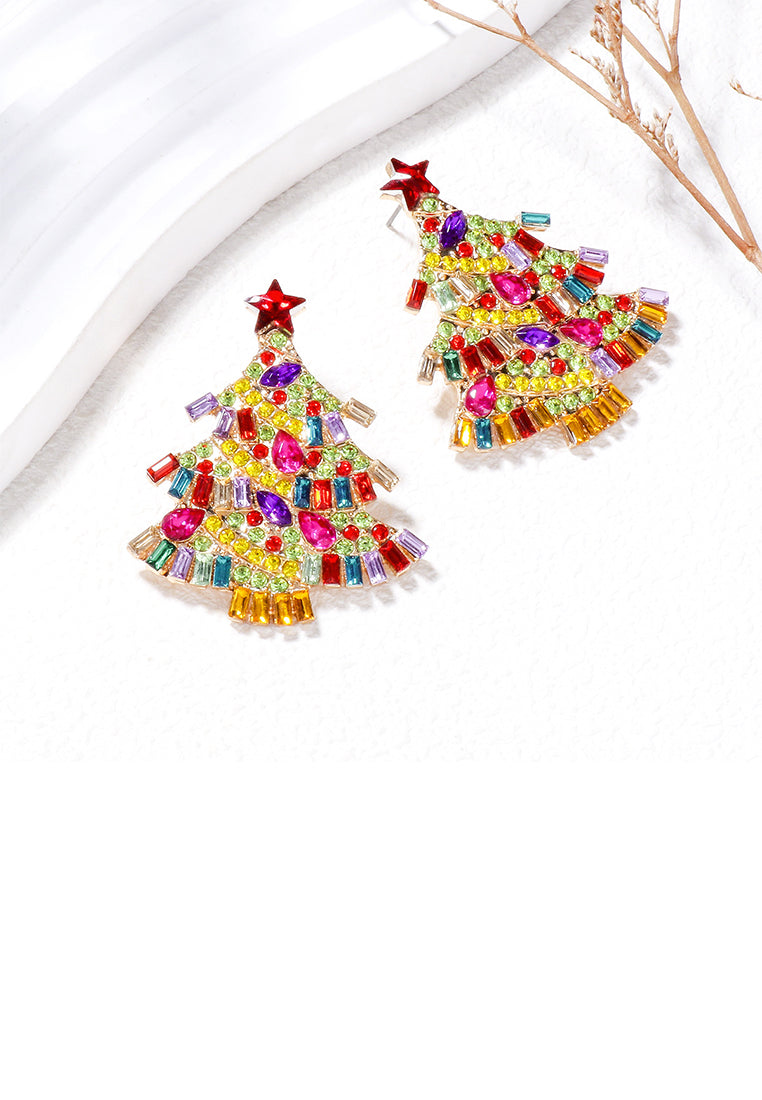 Fashion Brilliant Plated Gold Christmas Tree Stud Earrings with Colored Cubic Zirconia - Luxurious Look
