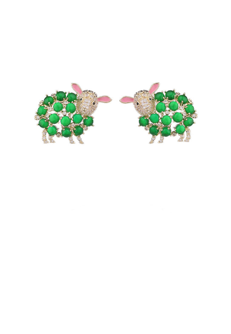 Simple and Cute Plated Gold Sheep Green Imitation Opal Stud Earrings with Cubic Zirconia - Luxurious Look