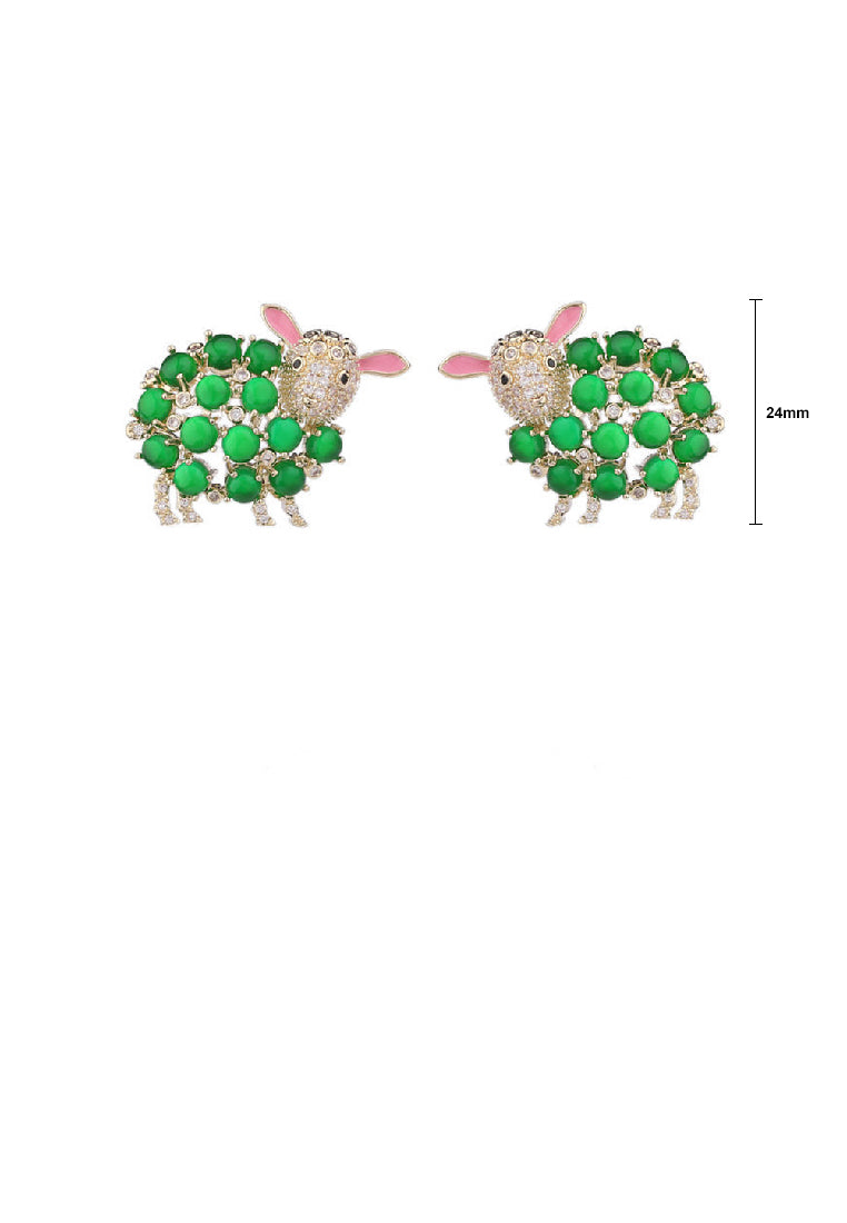 Simple and Cute Plated Gold Sheep Green Imitation Opal Stud Earrings with Cubic Zirconia - Luxurious Look