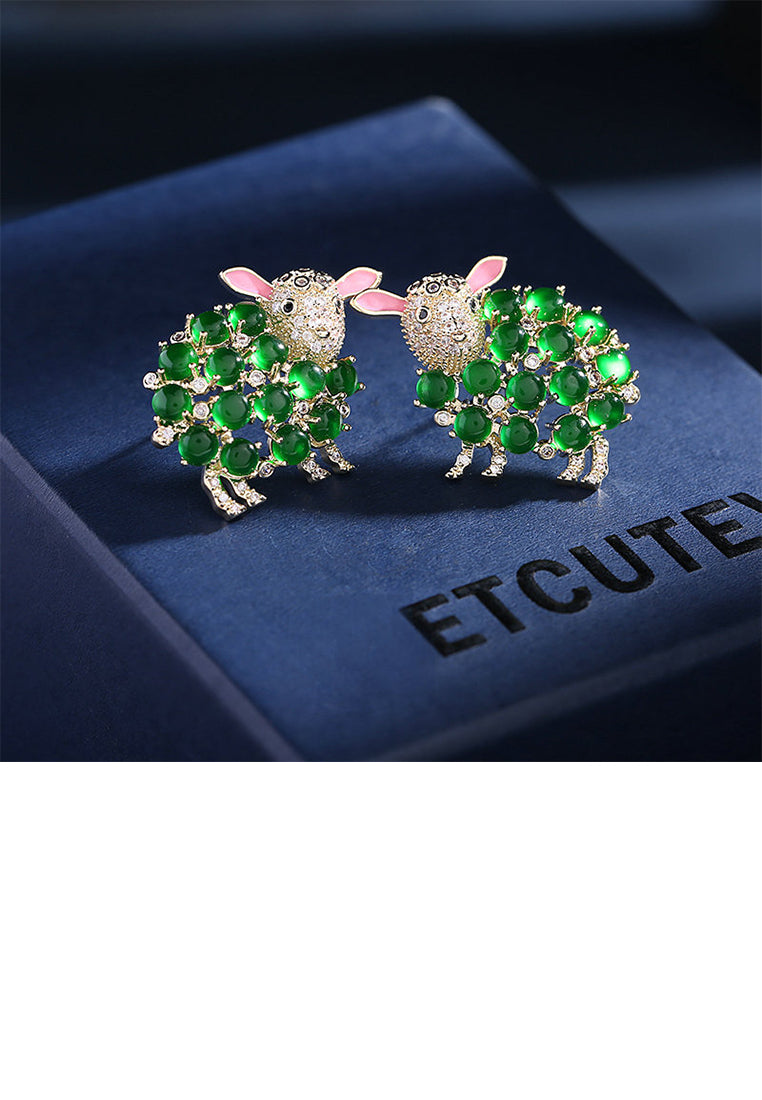 Simple and Cute Plated Gold Sheep Green Imitation Opal Stud Earrings with Cubic Zirconia - Luxurious Look