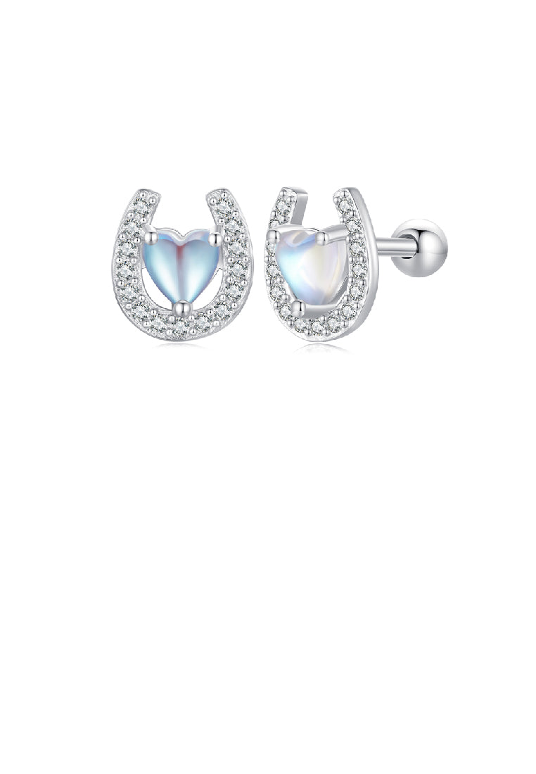 925 Sterling Silver Fashion Simple Heart Shaped Moonstone Horseshoe Stud Earrings with Cubic Zirconia - Luxurious Look