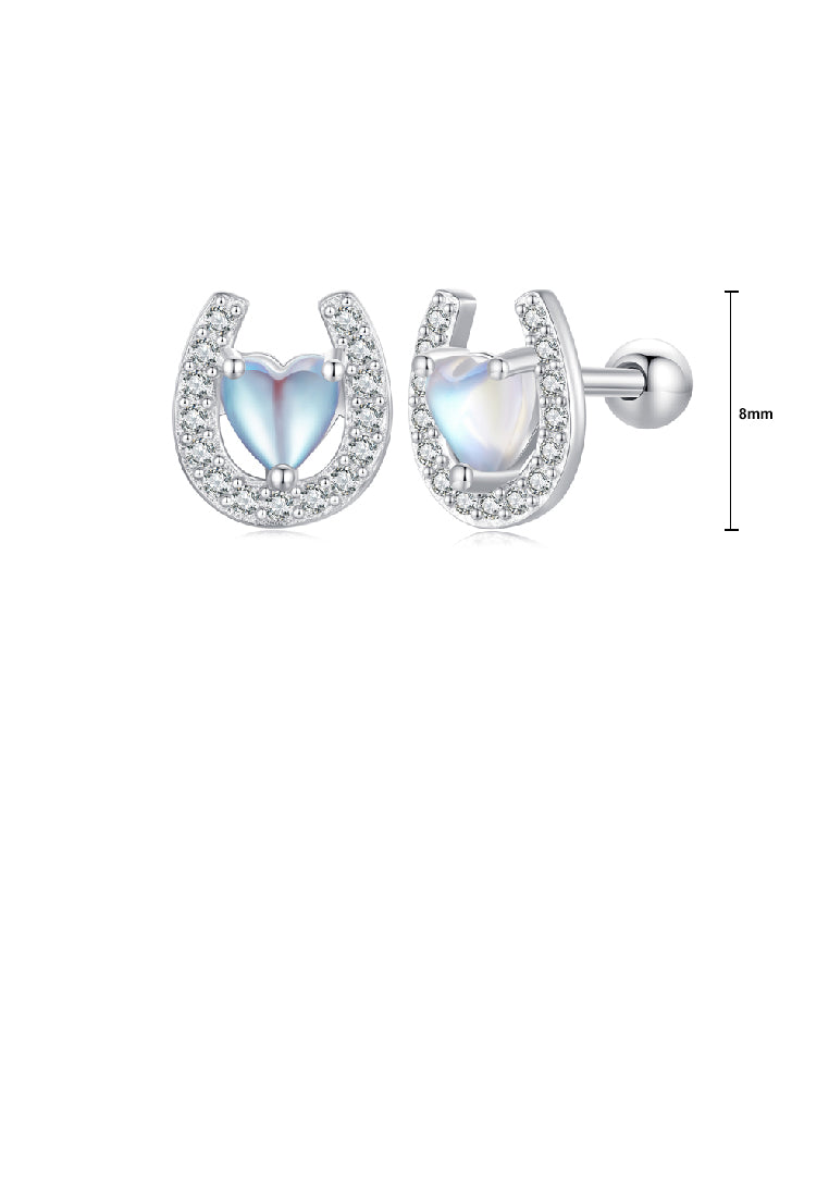 925 Sterling Silver Fashion Simple Heart Shaped Moonstone Horseshoe Stud Earrings with Cubic Zirconia - Luxurious Look