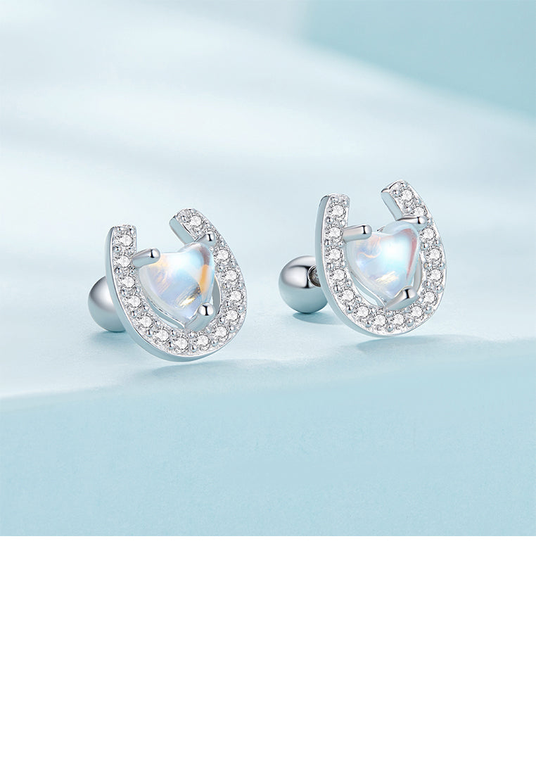 925 Sterling Silver Fashion Simple Heart Shaped Moonstone Horseshoe Stud Earrings with Cubic Zirconia - Luxurious Look