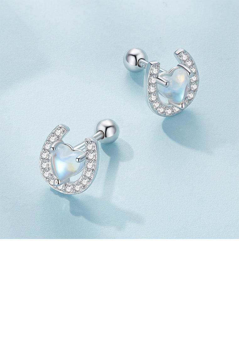 925 Sterling Silver Fashion Simple Heart Shaped Moonstone Horseshoe Stud Earrings with Cubic Zirconia - Luxurious Look
