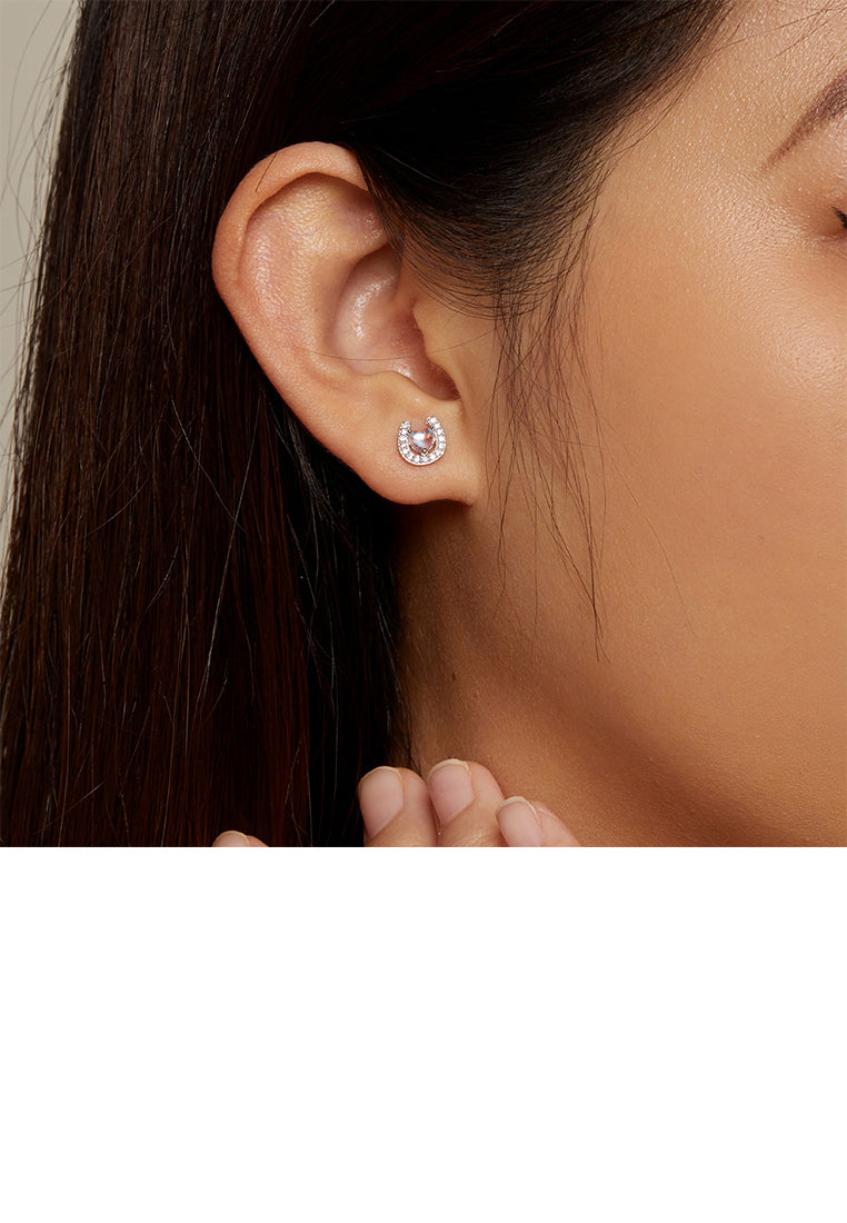 925 Sterling Silver Fashion Simple Heart Shaped Moonstone Horseshoe Stud Earrings with Cubic Zirconia - Luxurious Look