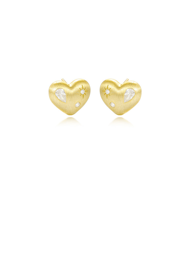 925 Sterling Silver Plated Gold Simple Fashion Brushed Heart Shape Stud Earrings with Cubic Zirconia - Luxurious Look