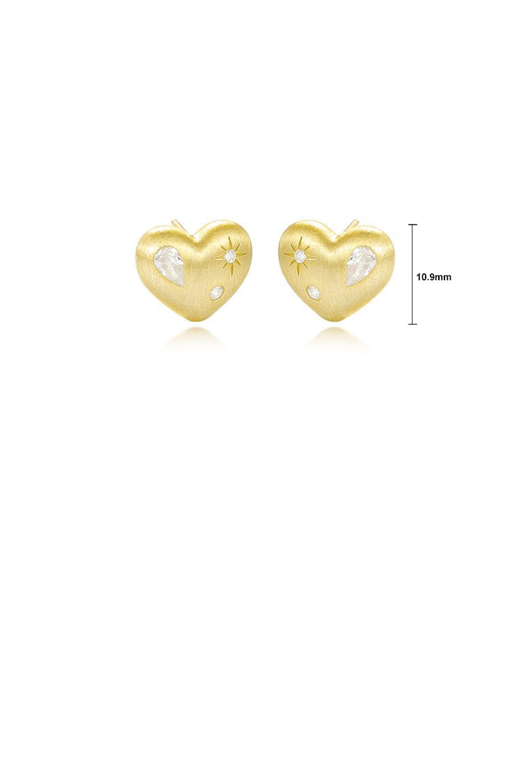925 Sterling Silver Plated Gold Simple Fashion Brushed Heart Shape Stud Earrings with Cubic Zirconia - Luxurious Look
