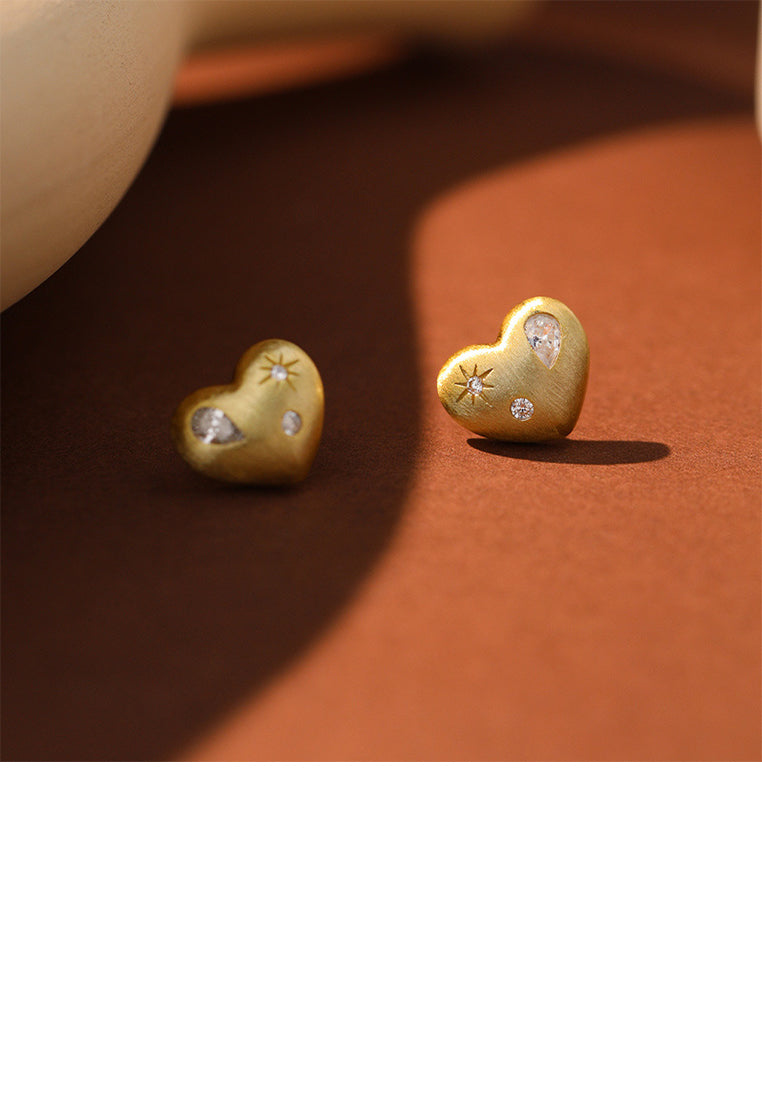 925 Sterling Silver Plated Gold Simple Fashion Brushed Heart Shape Stud Earrings with Cubic Zirconia - Luxurious Look