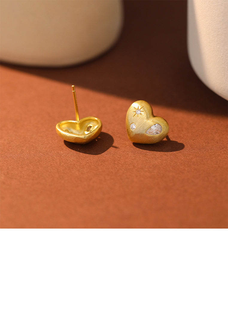 925 Sterling Silver Plated Gold Simple Fashion Brushed Heart Shape Stud Earrings with Cubic Zirconia - Luxurious Look