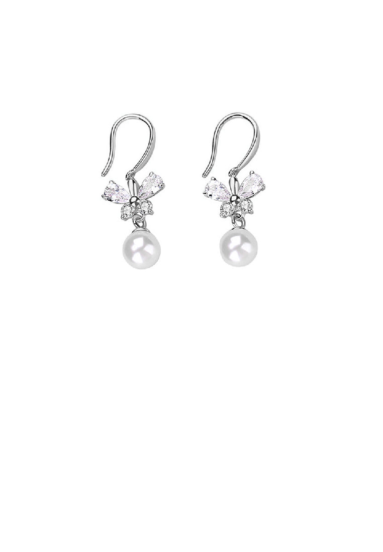 925 Sterling Silver Fashion Elegant Butterfly Imitation Pearl Earrings with Cubic Zirconia - Luxurious Look