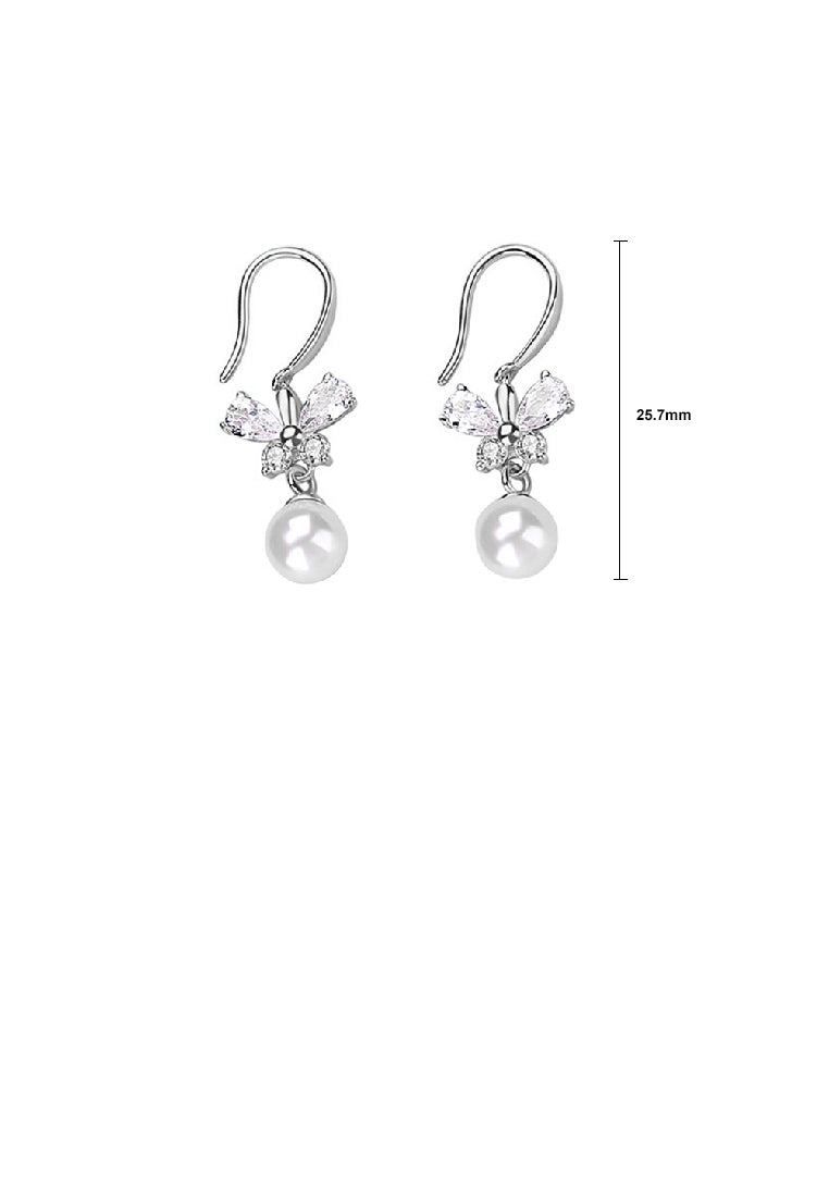 925 Sterling Silver Fashion Elegant Butterfly Imitation Pearl Earrings with Cubic Zirconia - Luxurious Look