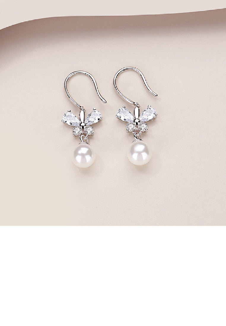 925 Sterling Silver Fashion Elegant Butterfly Imitation Pearl Earrings with Cubic Zirconia - Luxurious Look