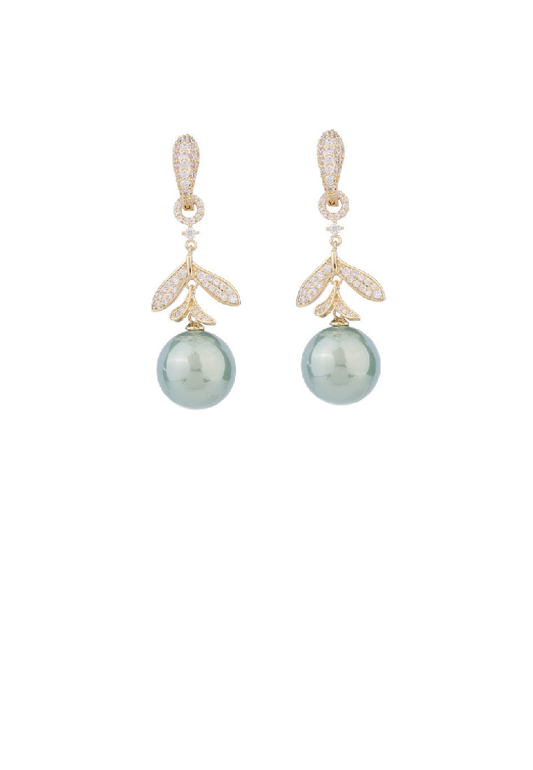 Fashion Simple Plated Gold Leaf Tassel Imitation Pearl Earrings with Cubic Zirconia - Luxurious Look