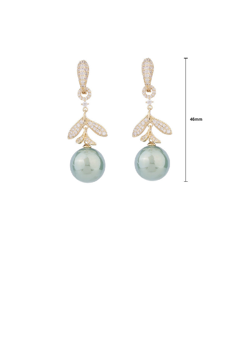 Fashion Simple Plated Gold Leaf Tassel Imitation Pearl Earrings with Cubic Zirconia - Luxurious Look