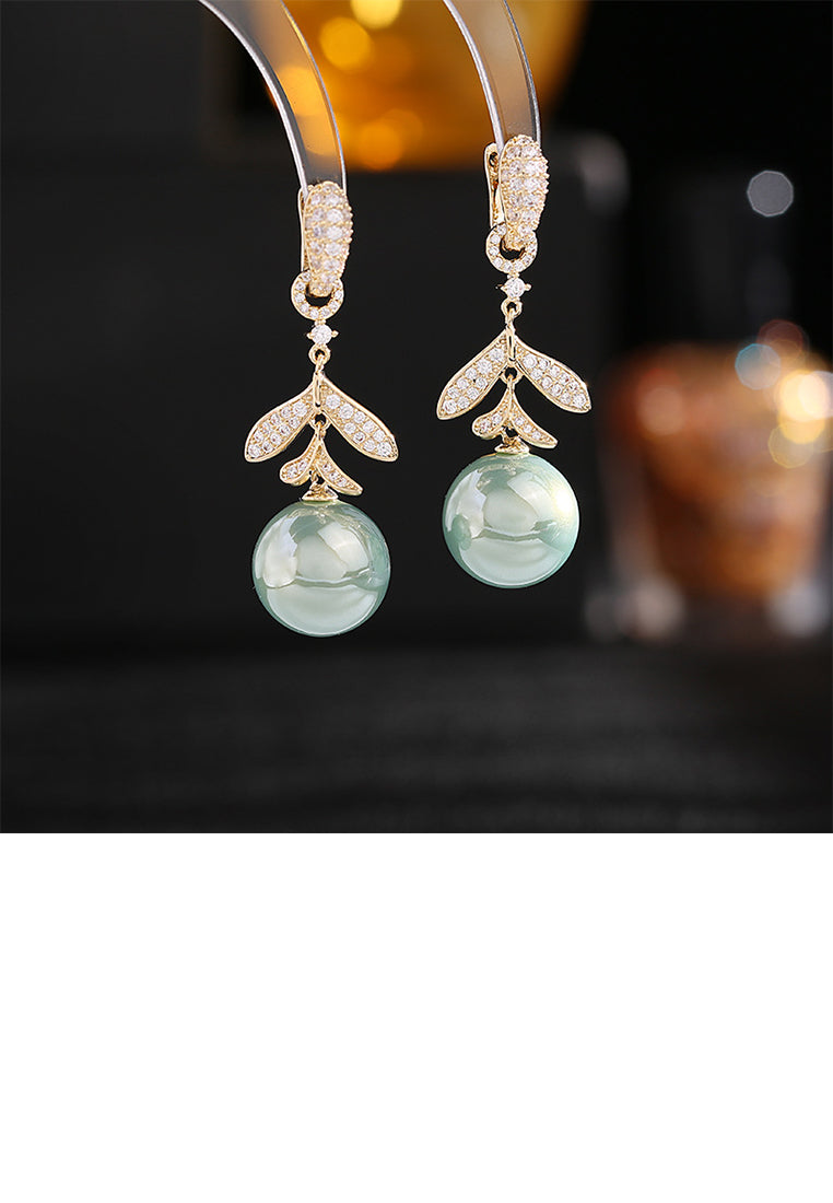 Fashion Simple Plated Gold Leaf Tassel Imitation Pearl Earrings with Cubic Zirconia - Luxurious Look