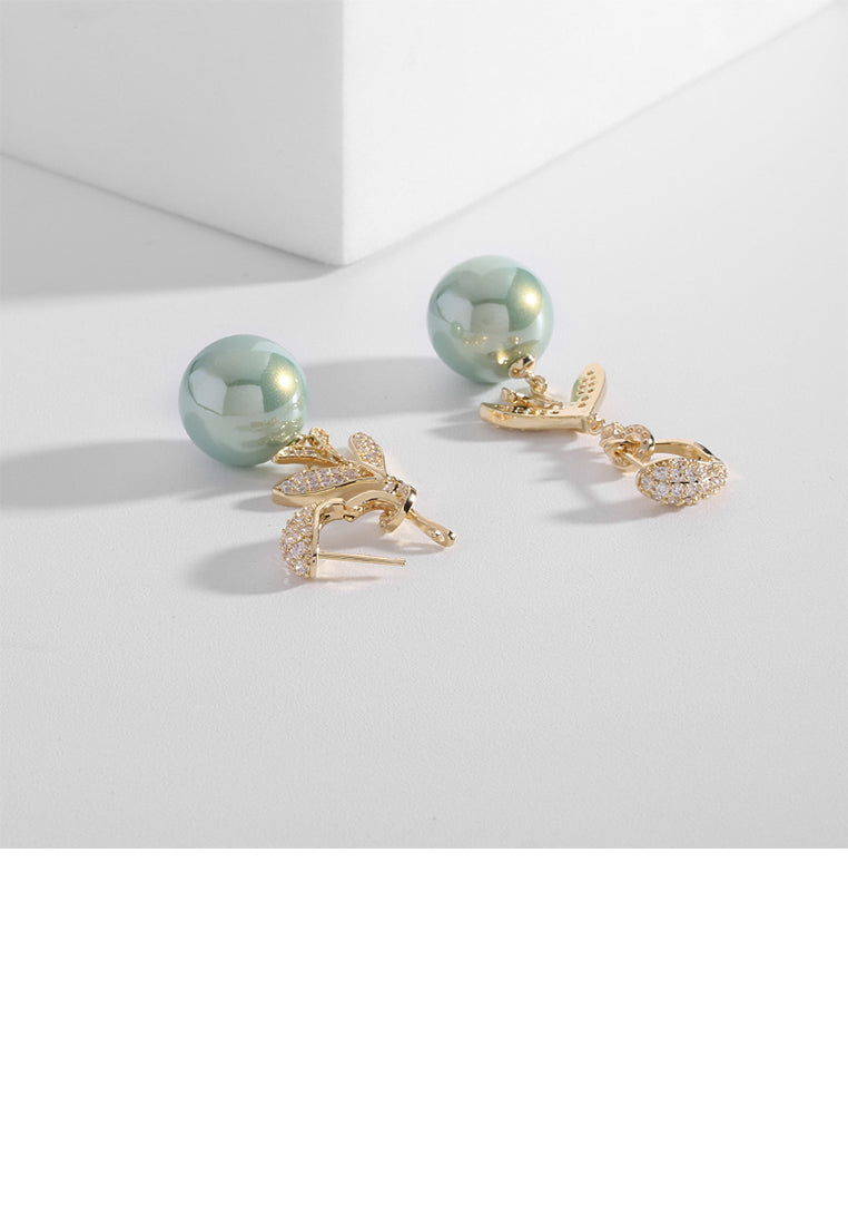 Fashion Simple Plated Gold Leaf Tassel Imitation Pearl Earrings with Cubic Zirconia - Luxurious Look